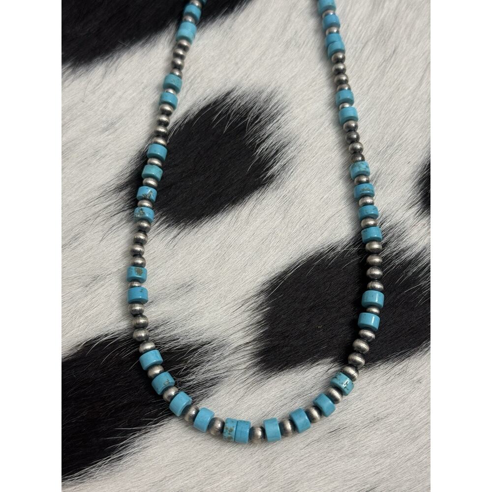 Native American Sterling Silver 5mm Navajo Pearl 6mm Turquoise HEISHI Necklace - Picture 3 of 9